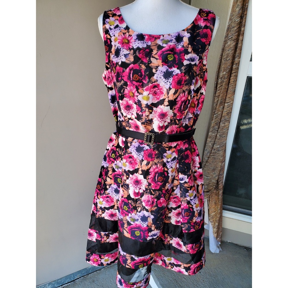 Leslie Fay Dress Women 12 Pink Floral Belted Fit & Flare Mesh Hem Party‎ Event